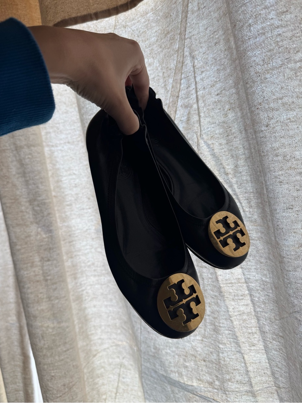 Tory Burch Reva Metallic Leather Flats Ballet Size 6.5 Womens Black Gold - Picture 2 of 6